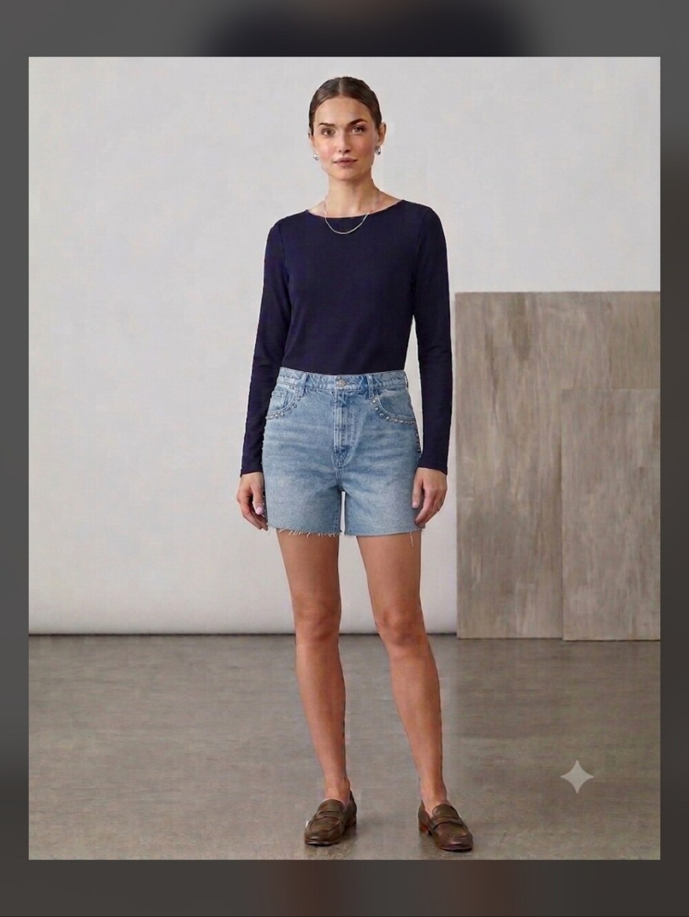 Reformation Blue Denim Shorts with Silver Stud Detailing